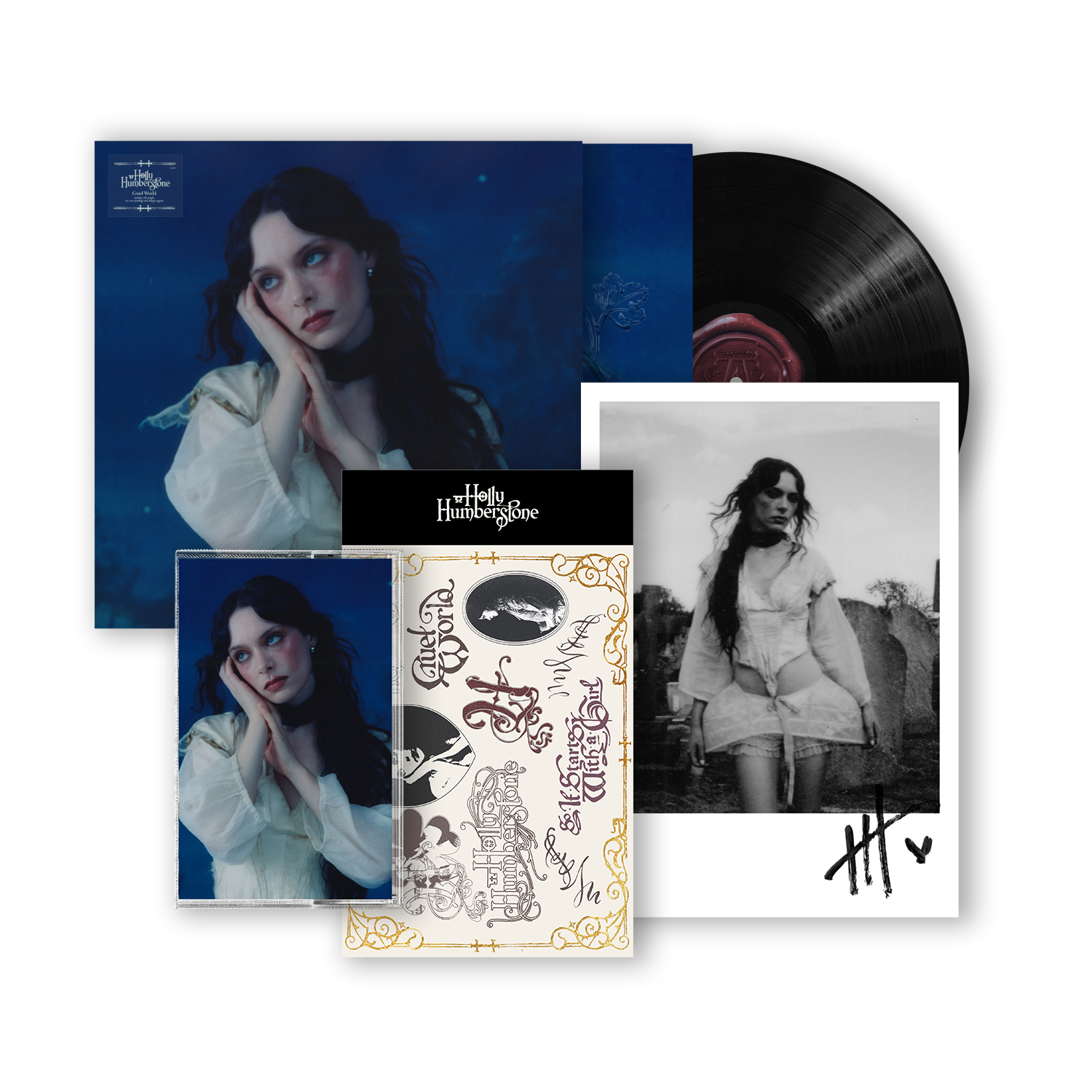 Cruel World Black Vinyl, Cassette, Sticker Pack + Signed Print Bundle